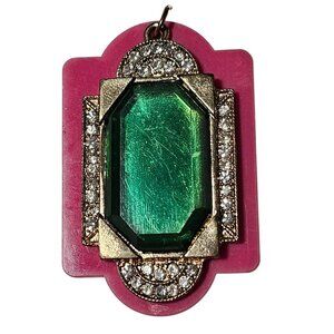 Vintage Gold Tone Green Crystal Pendant Pink Backing Rhinestones Retro Fashion